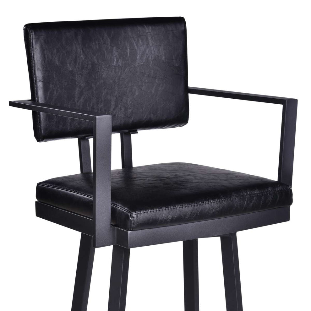 Balboa 30" Bar Height Swivel Vintage Black Faux Leather and Metal Bar Stool with Arms By Armen Living | Bar Stools | Modishstore - 3