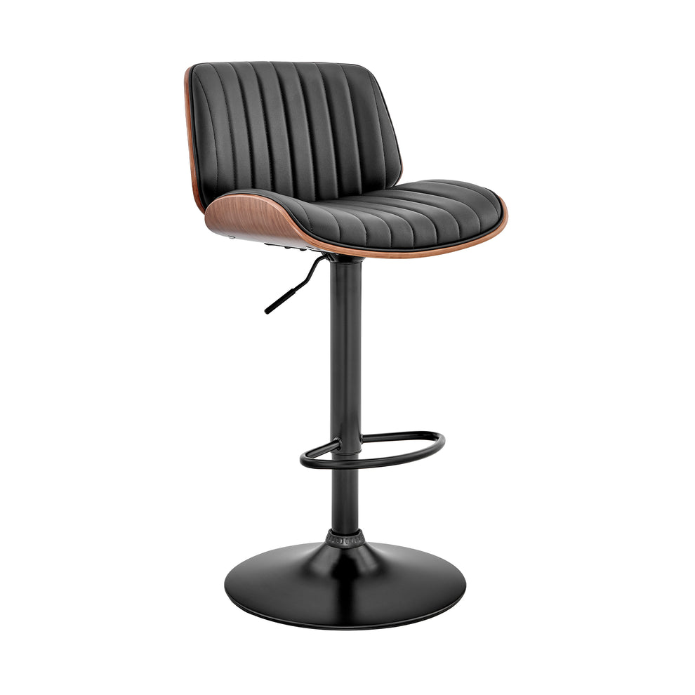 Brock Adjustable Black Faux Leather and Walnut Wood Bar Stool with Black Base By Armen Living | Bar Stools | Modishstore - 2