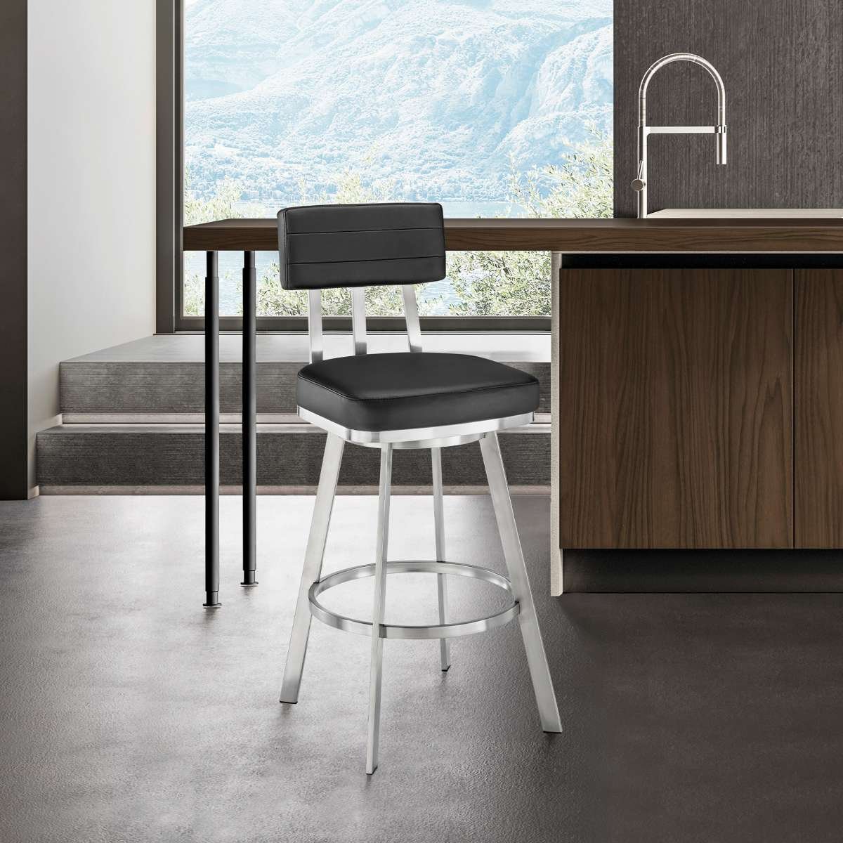 Benjamin 26" Swivel Counter Stool in Brushed Stainless Steel with Black Faux Leather By Armen Living | Bar Stools | Modishstore
