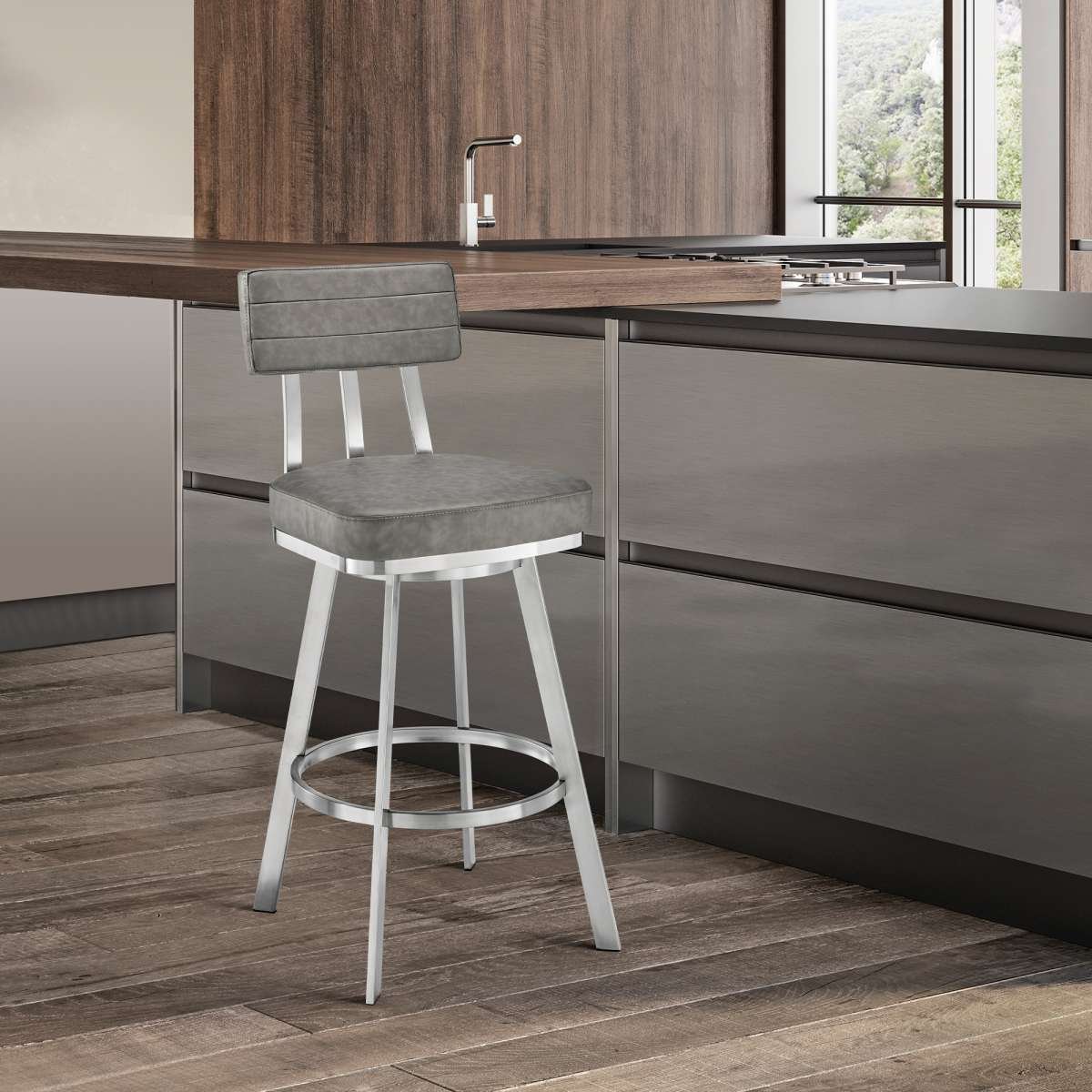 Benjamin 26" Swivel Counter Stool in Brushed Stainless Steel with Gray Faux Leather By Armen Living | Bar Stools | Modishstore