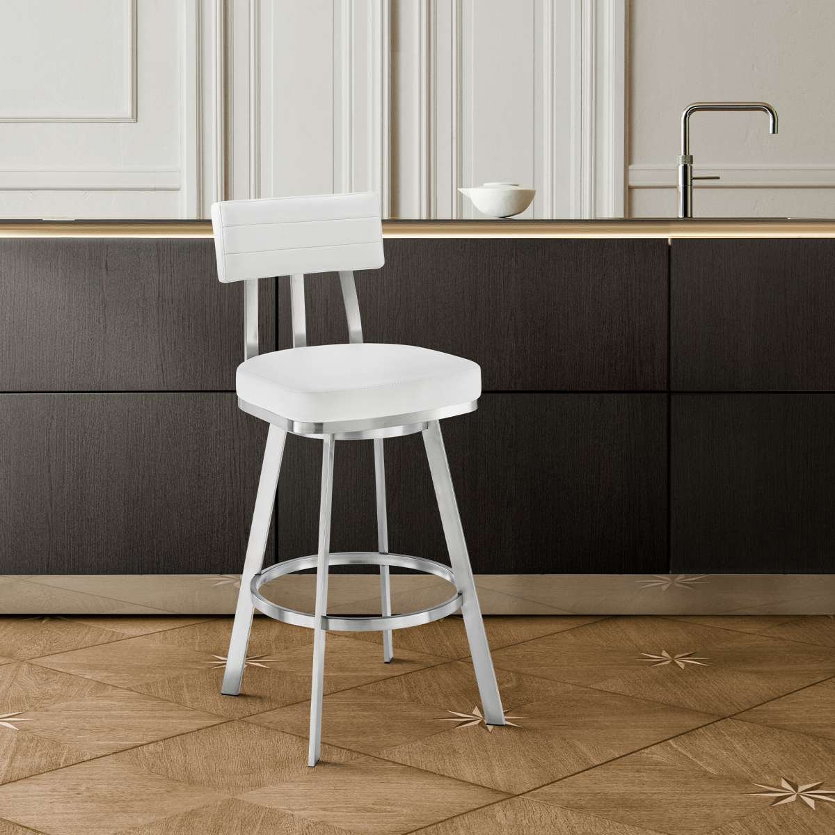 Benjamin 30" Swivel Bar Stool in Brushed Stainless Steel with White Faux Leather By Armen Living | Bar Stools | Modishstore