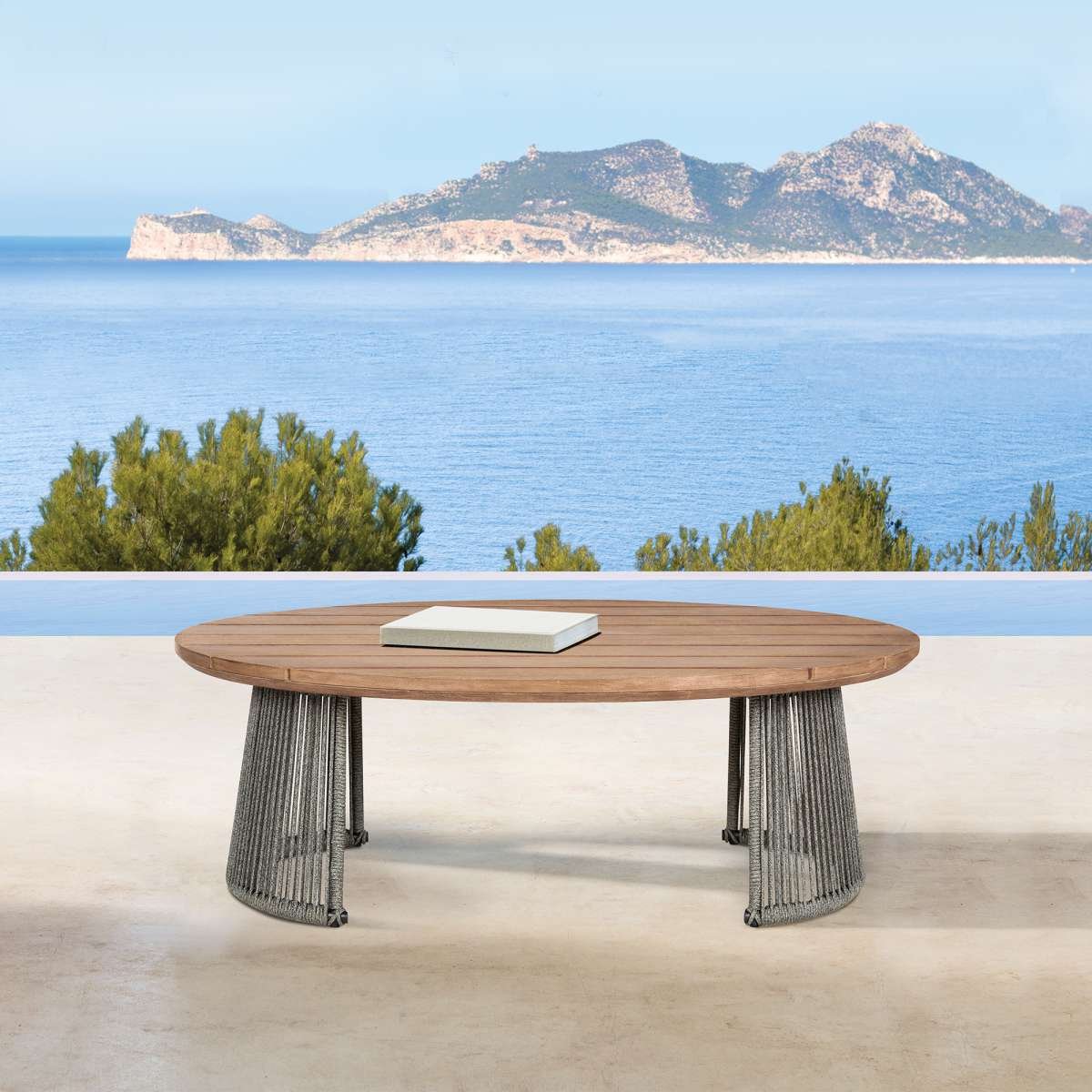 Benicia Outdoor Patio Oval Coffee Table in Weathered Eucalyptus Wood and Gray Rope By Armen Living | Outdoor Tables | Modishstore