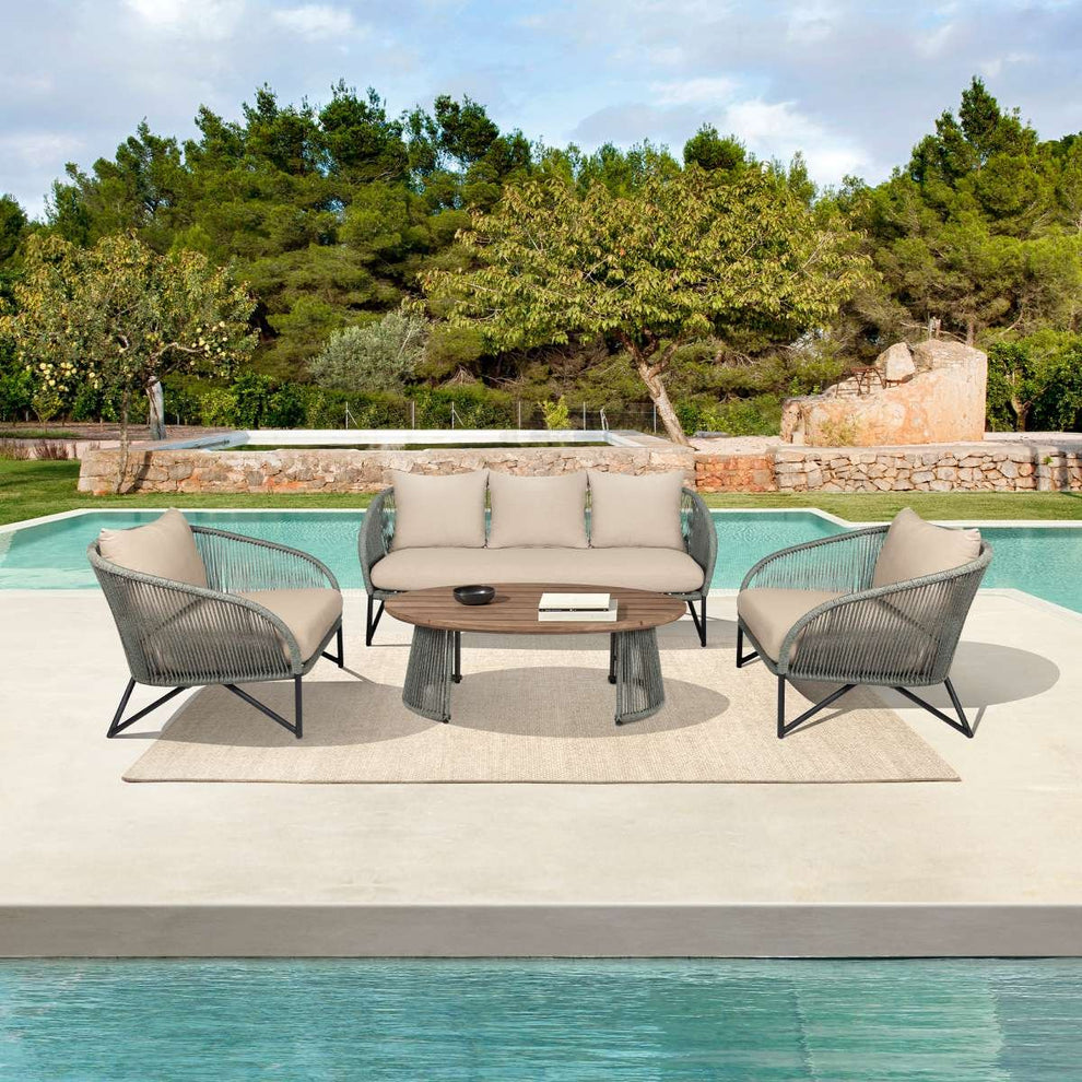 Benicia Outdoor Patio Oval Coffee Table in Weathered Eucalyptus Wood and Gray Rope By Armen Living | Outdoor Tables | Modishstore - 2