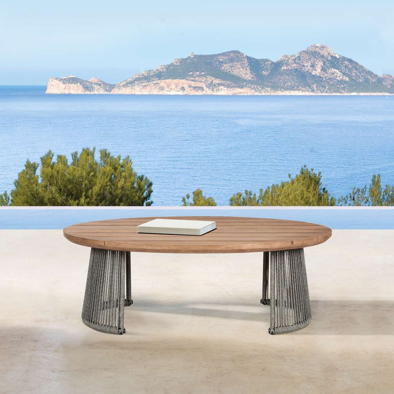 Benicia Outdoor Patio Oval Coffee Table in Weathered Eucalyptus Wood and Gray Rope By Armen Living | Outdoor Tables | Modishstore