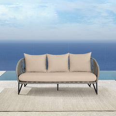 Benicia Outdoor Patio Sofa in Black Steel with Gray Rope and Taupe Olefin Cushions By Armen Living