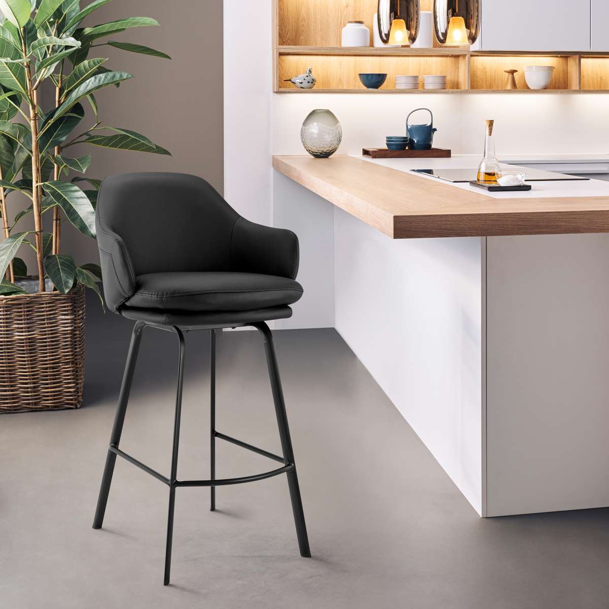 Brigden Black Faux Leather and Black Metal Swivel 30" Bar Stool By Armen Living | Bar Stools | Modishstore