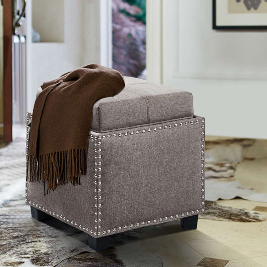 Blaze Contemporary Ottoman in Brown Linen with Wood Legs By Armen Living | Ottomans | Modishstore