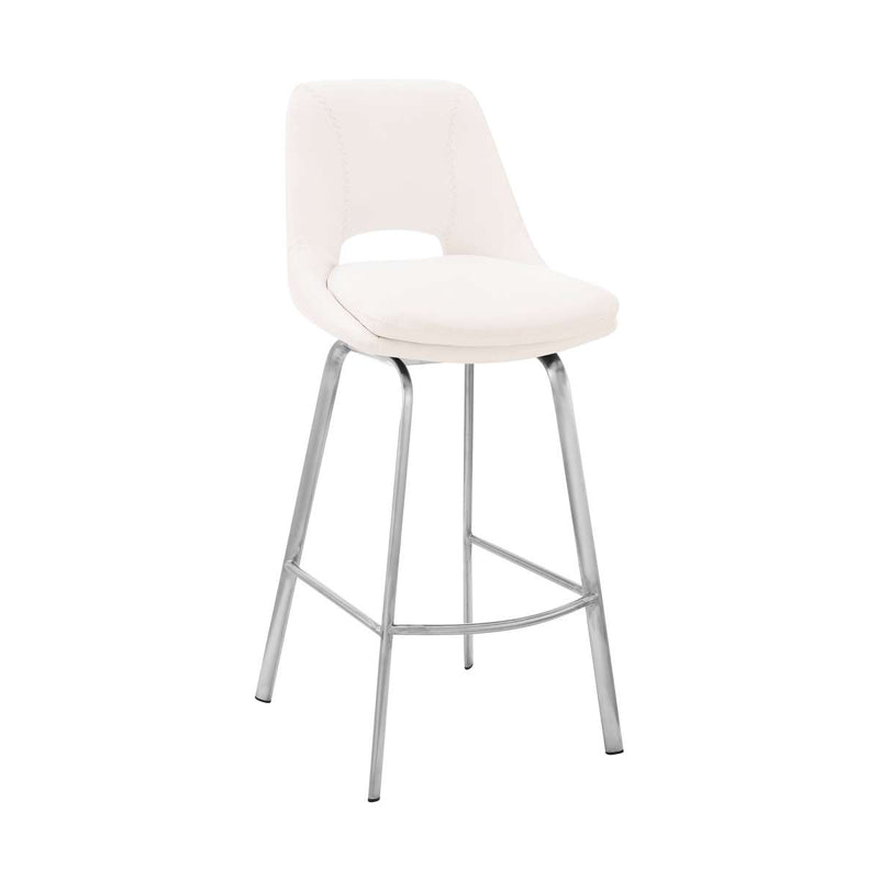 Carise White Faux Leather and Brushed Stainless Steel Swivel 30" Bar Stool By Armen Living | Bar Stools | Modishstore