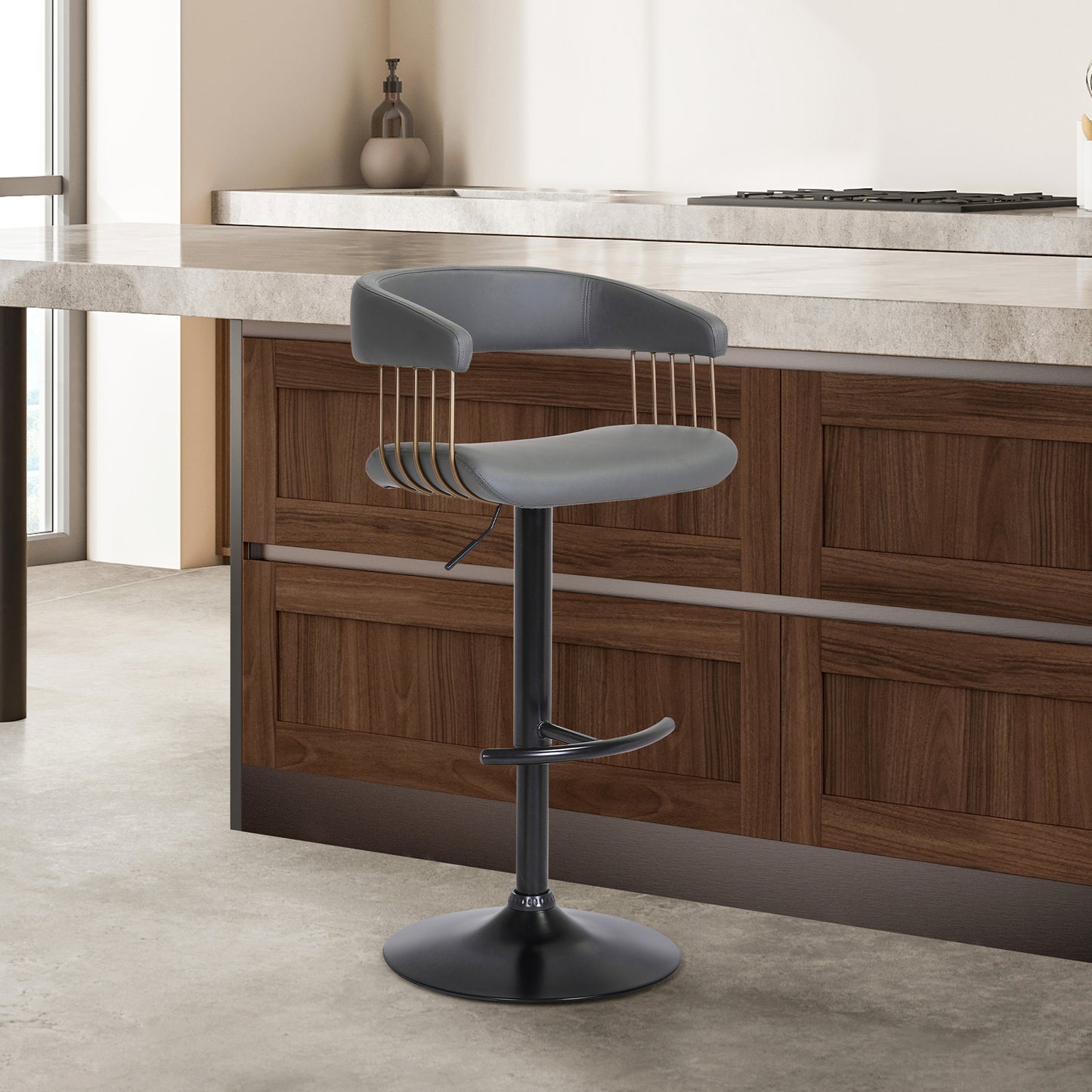 Calista Adjustable Bar Stool in Grey Faux Leather with Golden Bronze and Black Metal By Armen Living | Bar Stools | Modishstore