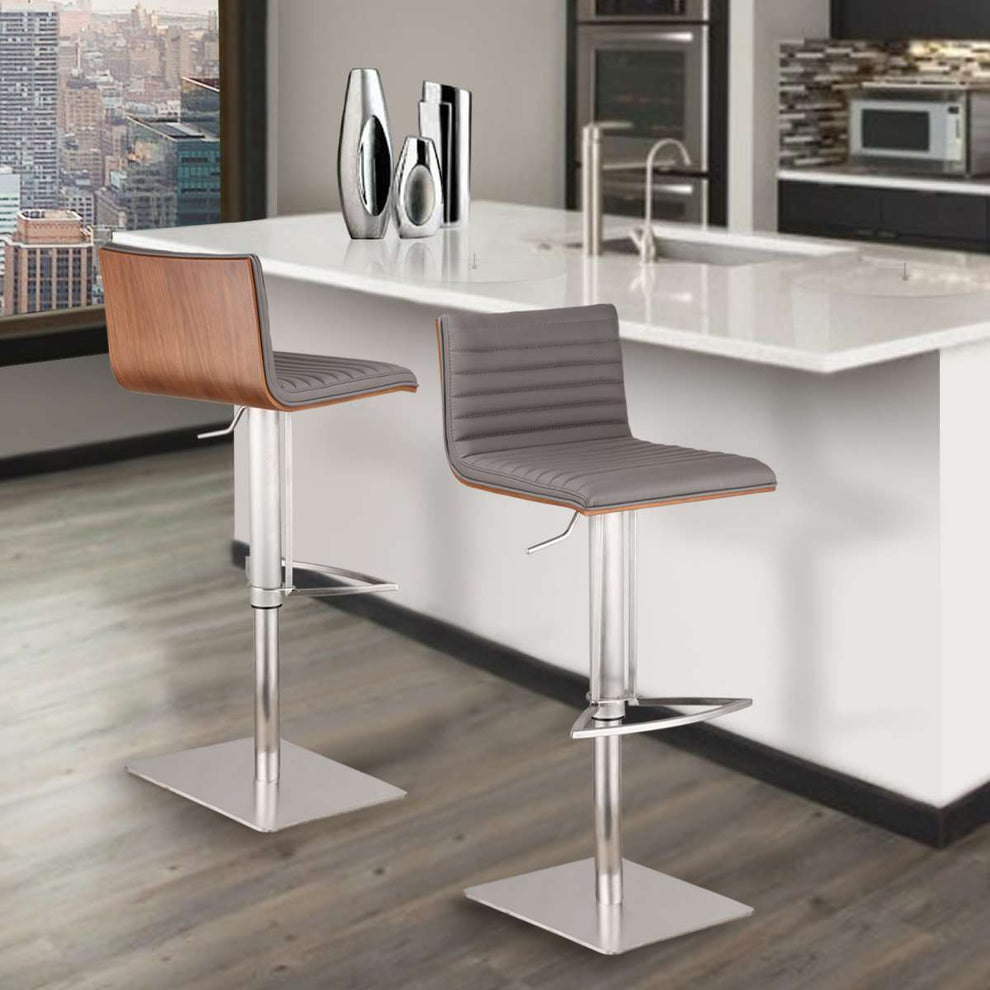 Café Adjustable Height Swivel Grey Faux Leather Bar Stool By Armen Living | Bar Stools | Modishstore