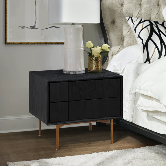 Carnaby 2 Drawer Nightstand in Black Brushed Oak and Bronze By Armen Living | Nightstands | Modishstore