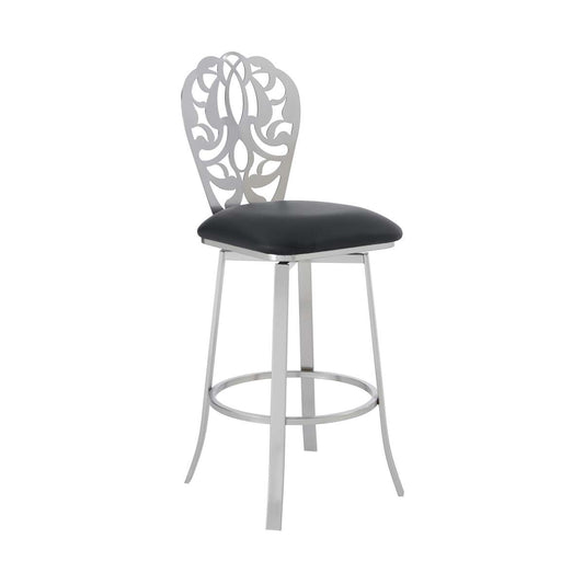 Cherie Contemporary 30" Bar Height Barstool in Brushed Stainless Steel Finish and Black Faux Leather By Armen Living | Bar Stools | Modishstore