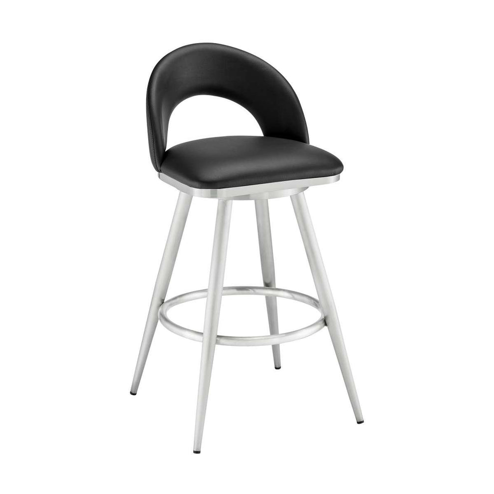 Charlotte 26" Swivel Counter Stool in Brushed Stainless Steel and Black Faux Leather By Armen Living | Bar Stools | Modishstore - 2