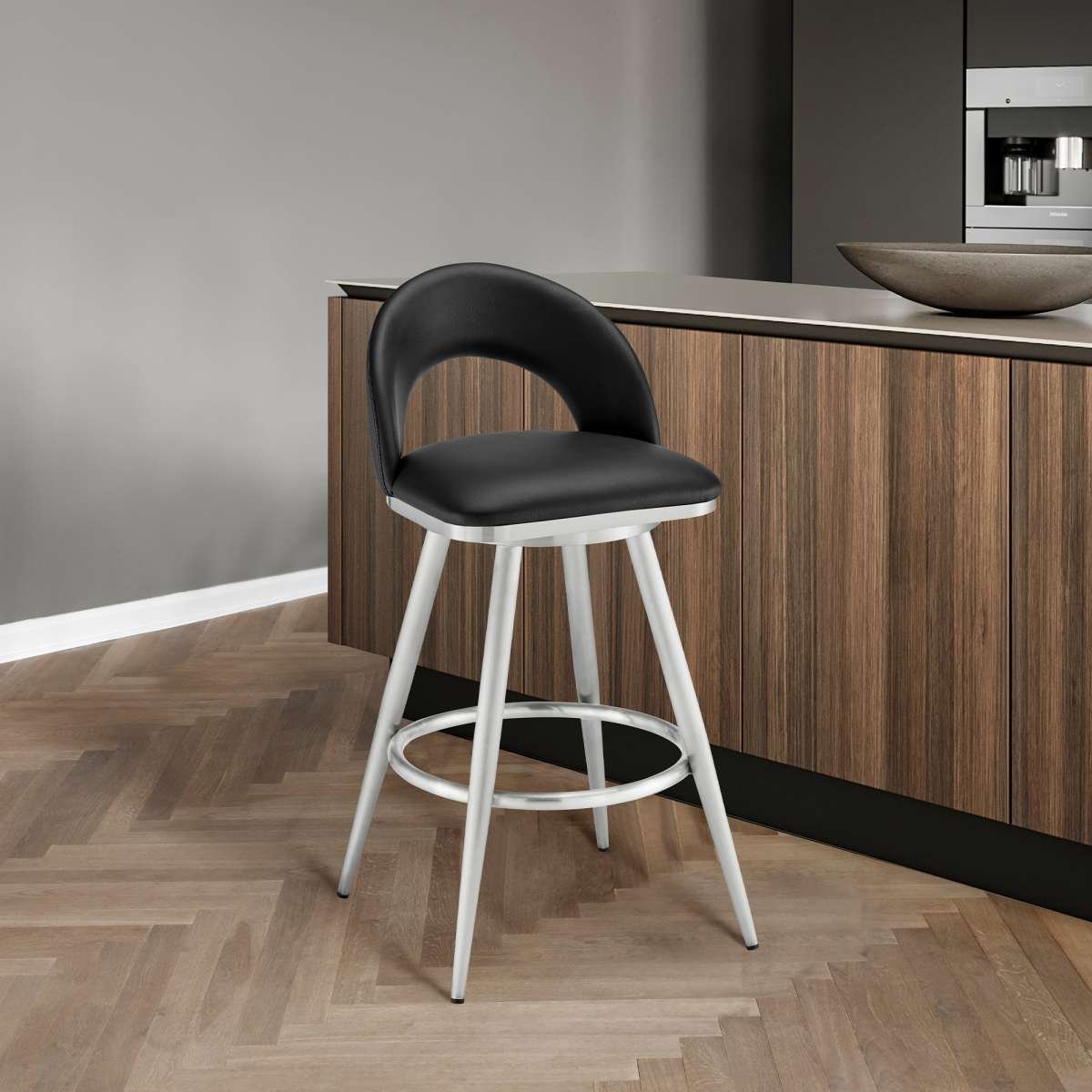 Charlotte 26" Swivel Counter Stool in Brushed Stainless Steel and Black Faux Leather By Armen Living | Bar Stools | Modishstore