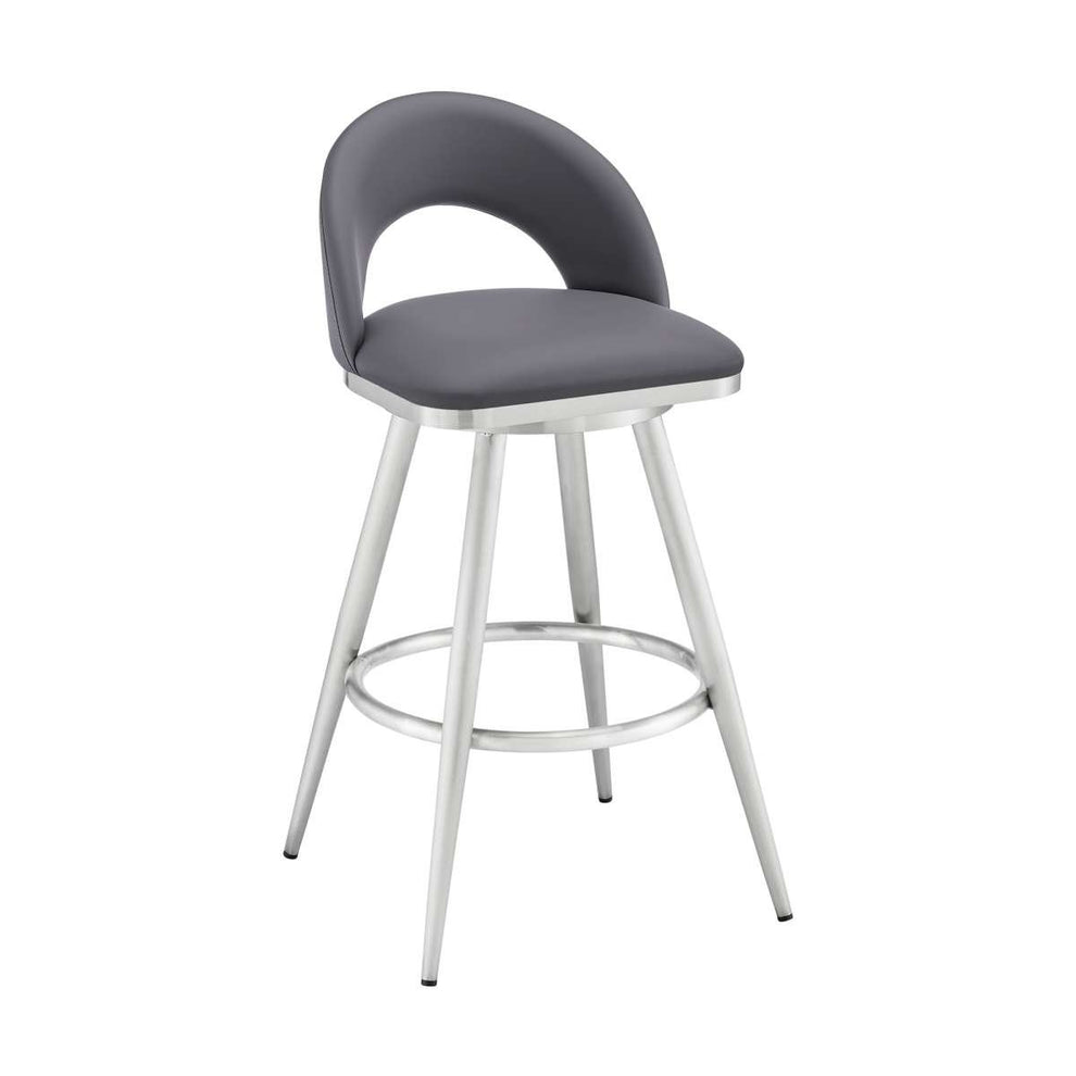 Charlotte 26" Swivel Counter Stool in Brushed Stainless Steel and Gray Faux Leather By Armen Living | Bar Stools | Modishstore - 2