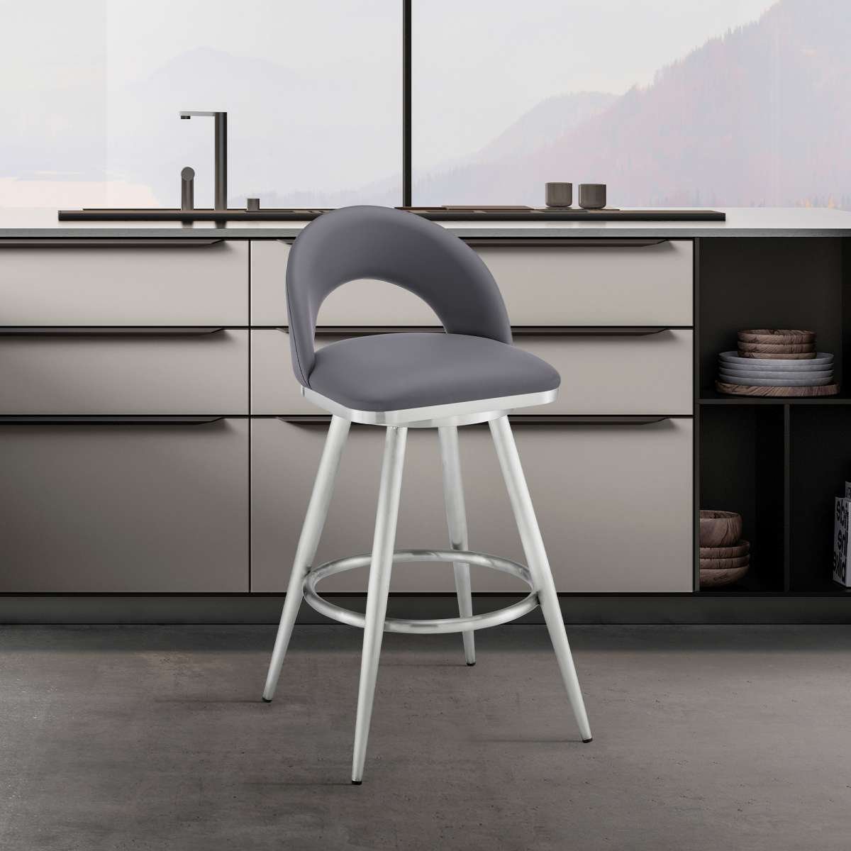 Charlotte 26" Swivel Counter Stool in Brushed Stainless Steel and Gray Faux Leather By Armen Living | Bar Stools | Modishstore