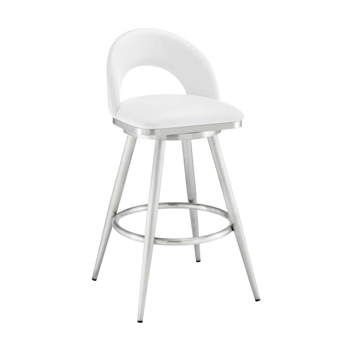 Charlotte 26" Swivel Counter Stool in Brushed Stainless Steel with White Faux Leather By Armen Living | Bar Stools | Modishstore - 2