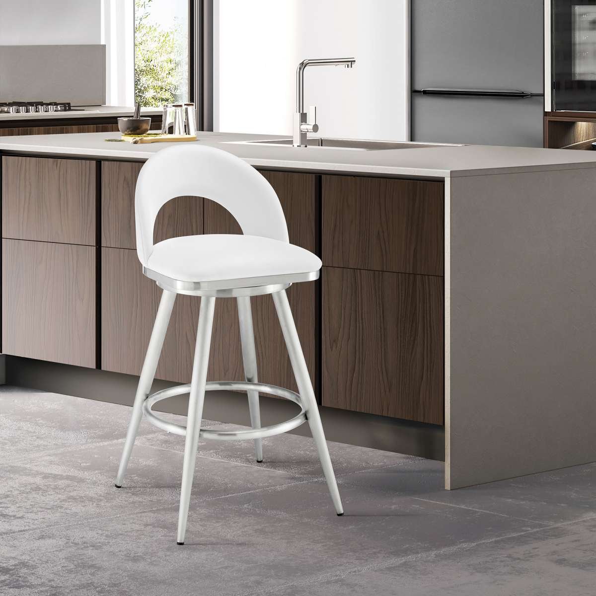 Charlotte 26" Swivel Counter Stool in Brushed Stainless Steel with White Faux Leather By Armen Living | Bar Stools | Modishstore