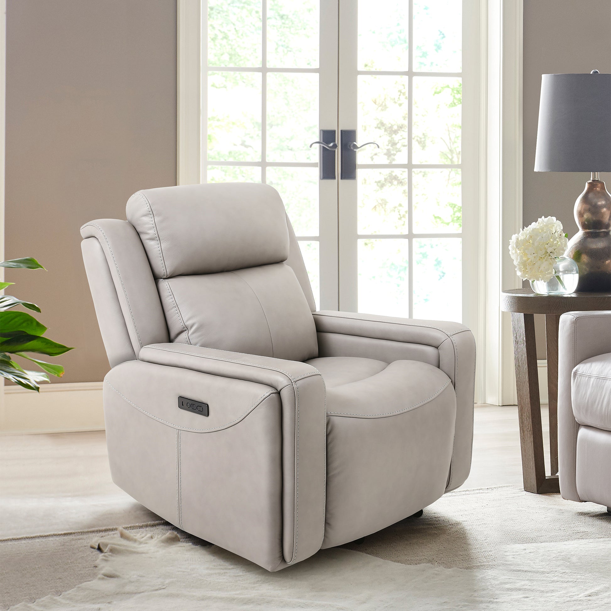 Claude Dual Power Headrest and Lumbar Support Recliner Chair in Light Grey Genuine Leather By Armen Living | Chairs & Recliners | Modishstore