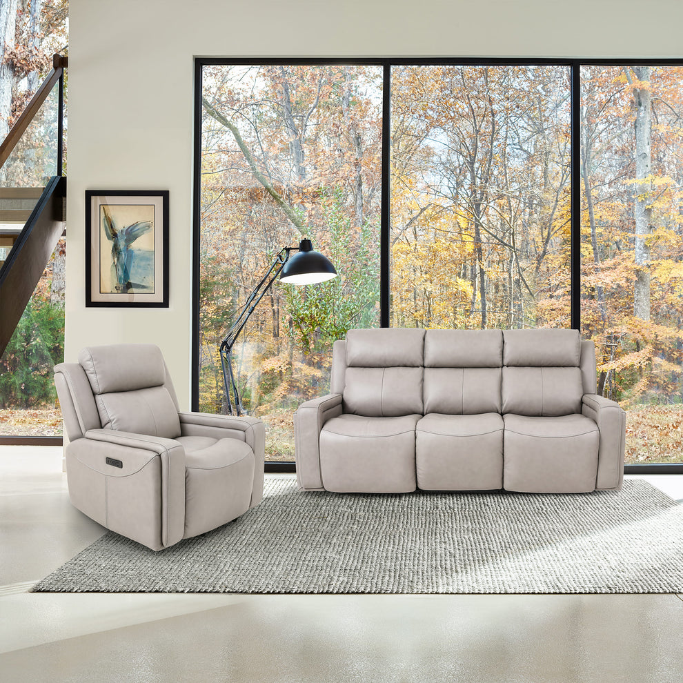 Claude Dual Power Headrest and Lumbar Support Recliner Chair in Light Grey Genuine Leather By Armen Living | Chairs & Recliners | Modishstore - 3
