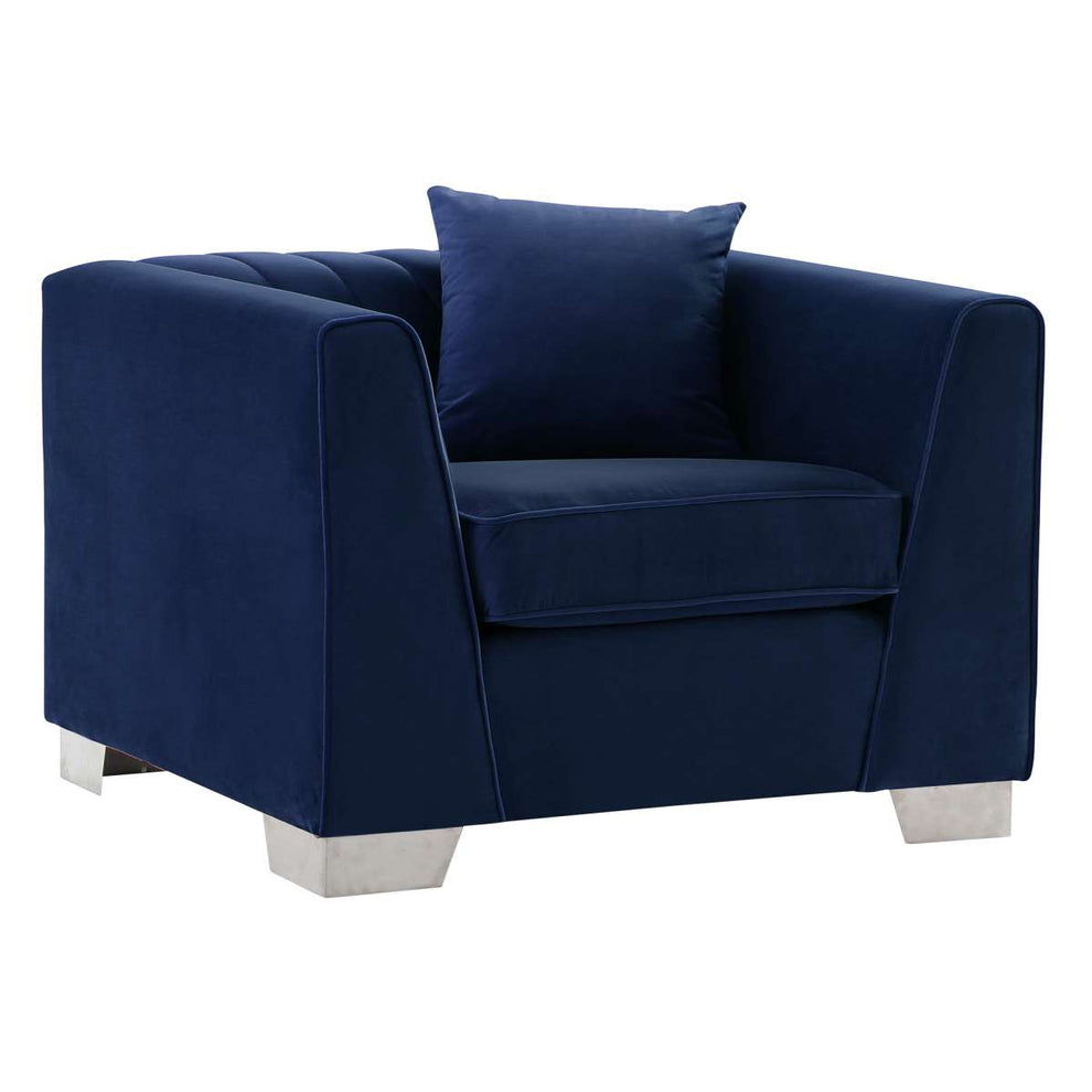 Cambridge Contemporary Chair in Brushed Stainless Steel and Blue Velvet By Armen Living | Lounge Chairs | Modishstore - 3