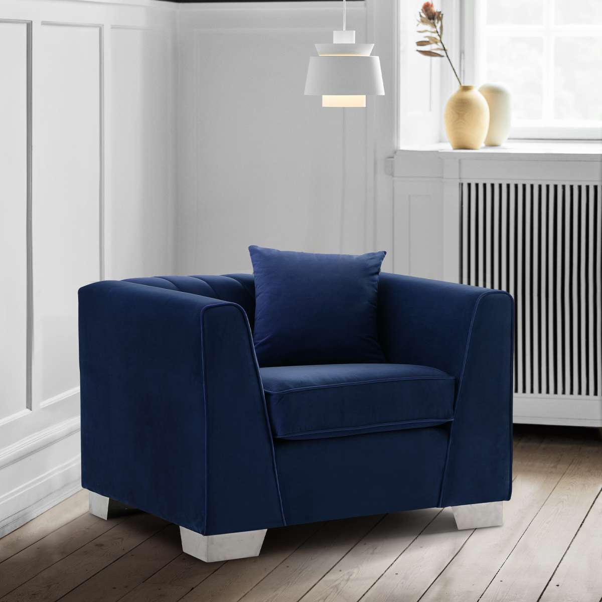 Cambridge Contemporary Chair in Brushed Stainless Steel and Blue Velvet By Armen Living | Lounge Chairs | Modishstore