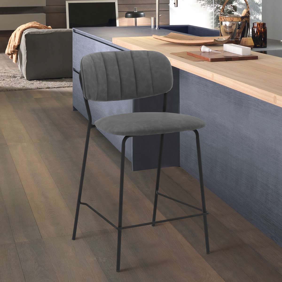 Carlo 26" Gray Faux Leather and Black Metal Counter Height Bar Stool By Armen Living | Bar Stools |  Modishstore 