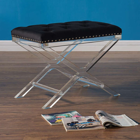 Cody Modern and Contemporary Tufted Ottoman in Black Velvet with Acrylic Legs By Armen Living | Ottomans | Modishstore