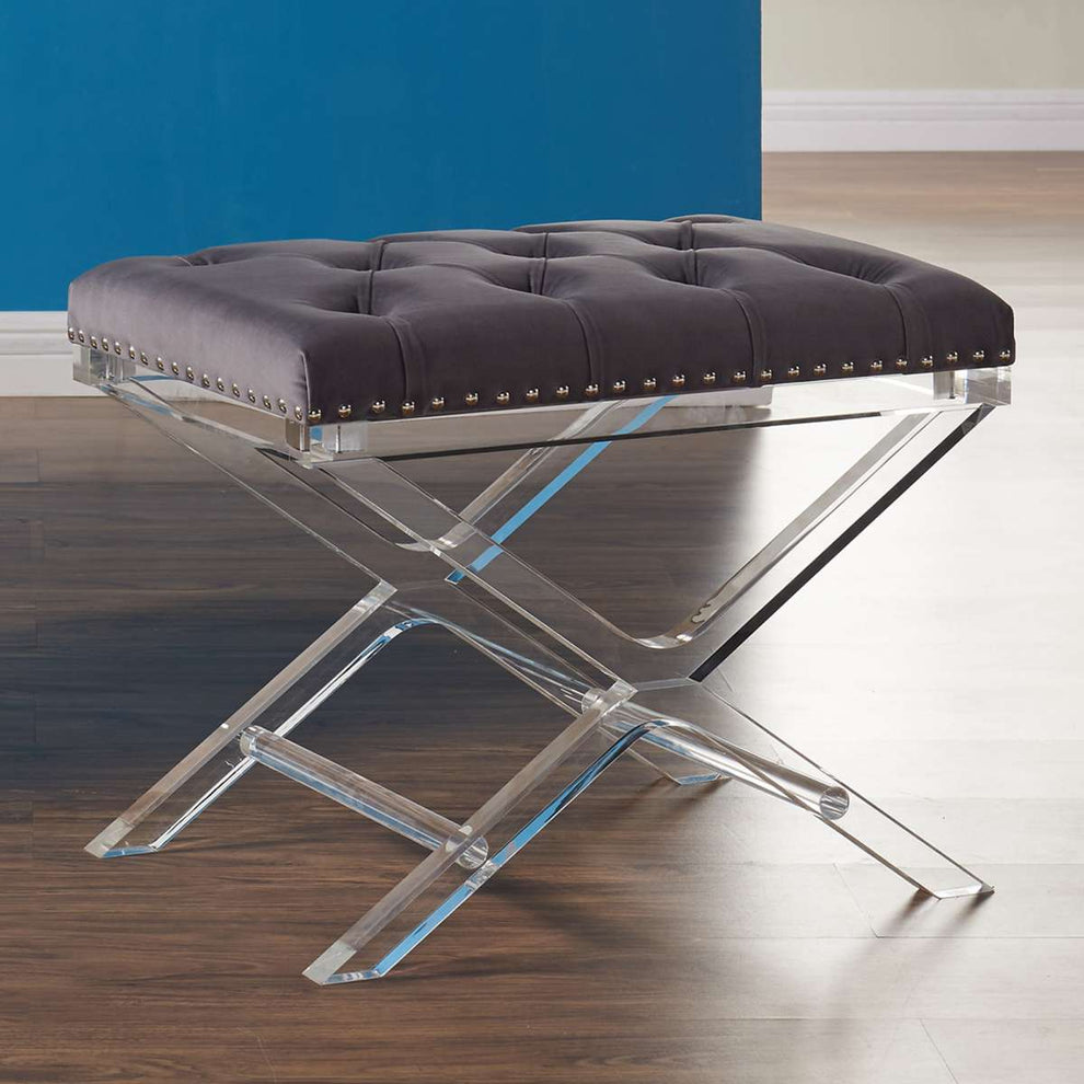 Cody Modern and Contemporary Tufted Ottoman in Black Velvet with Acrylic Legs By Armen Living | Ottomans | Modishstore - 3