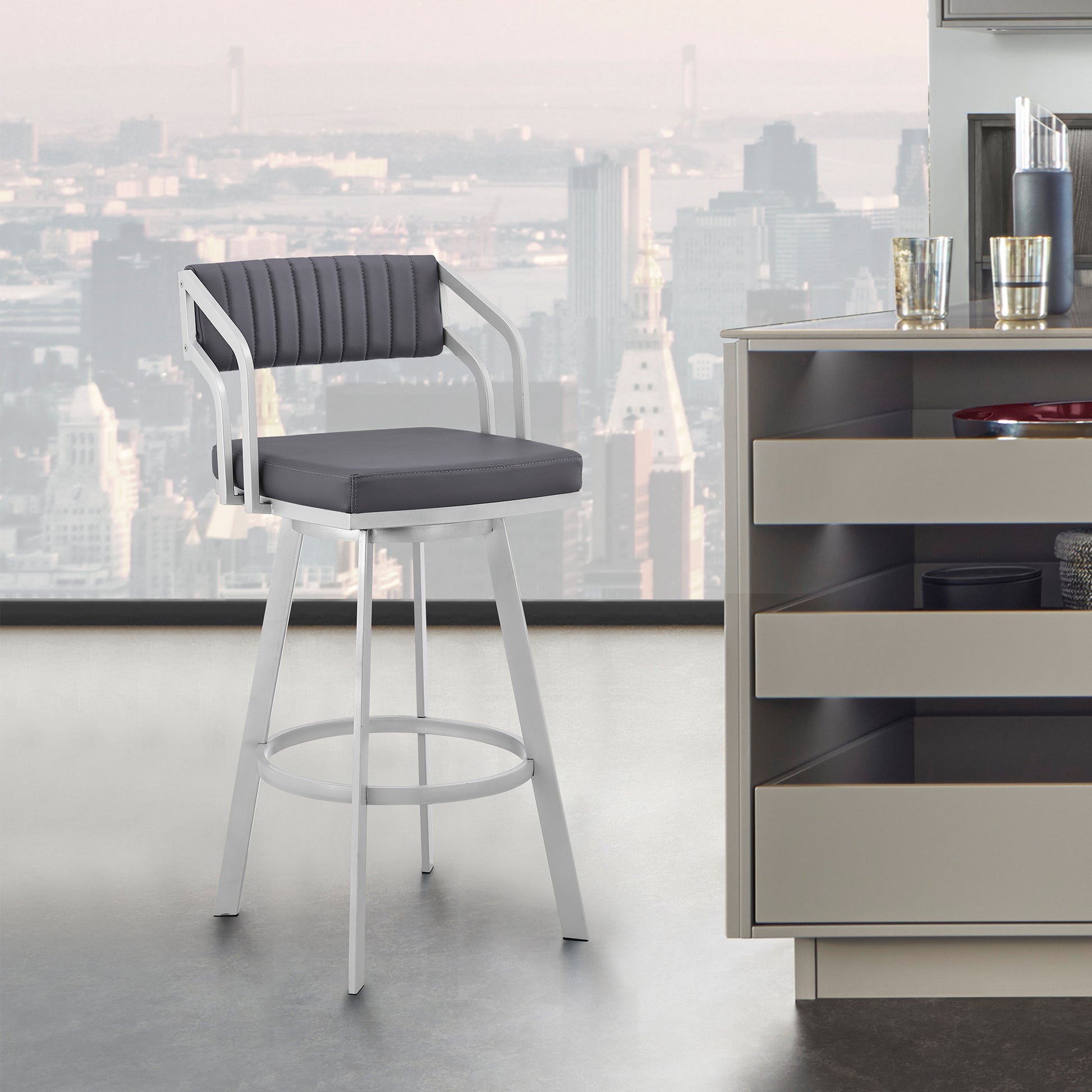 Capri 30" Swivel Slate Grey Faux Leather and Silver Metal Bar Stool By Armen Living | Bar Stools | Modishstore