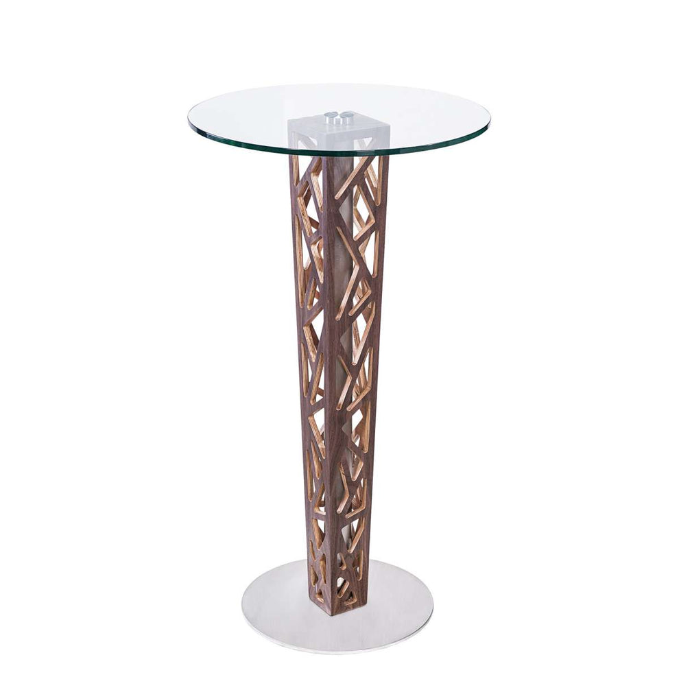 Crystal Bar Table with Walnut Veneer column and Brushed Stainless Steel finish with Clear Tempered Glass Top By Armen Living | Bar Tables |  Modishstore  - 2
