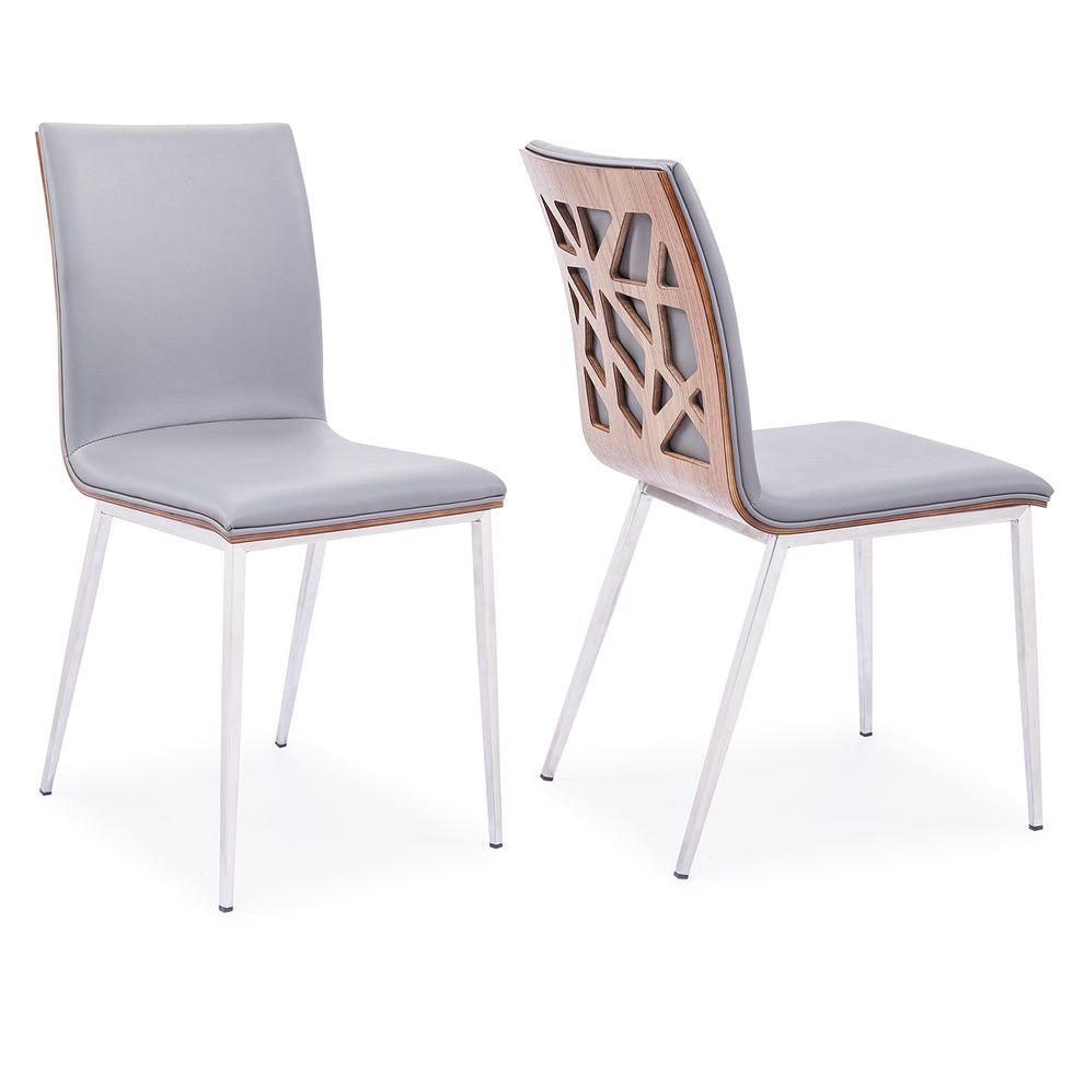 Crystal Dining Chair in Brushed Stainless Steel finish with Gray Faux Leather and Walnut Back - Set of 2 By Armen Living | Dining Chairs | Modishstore