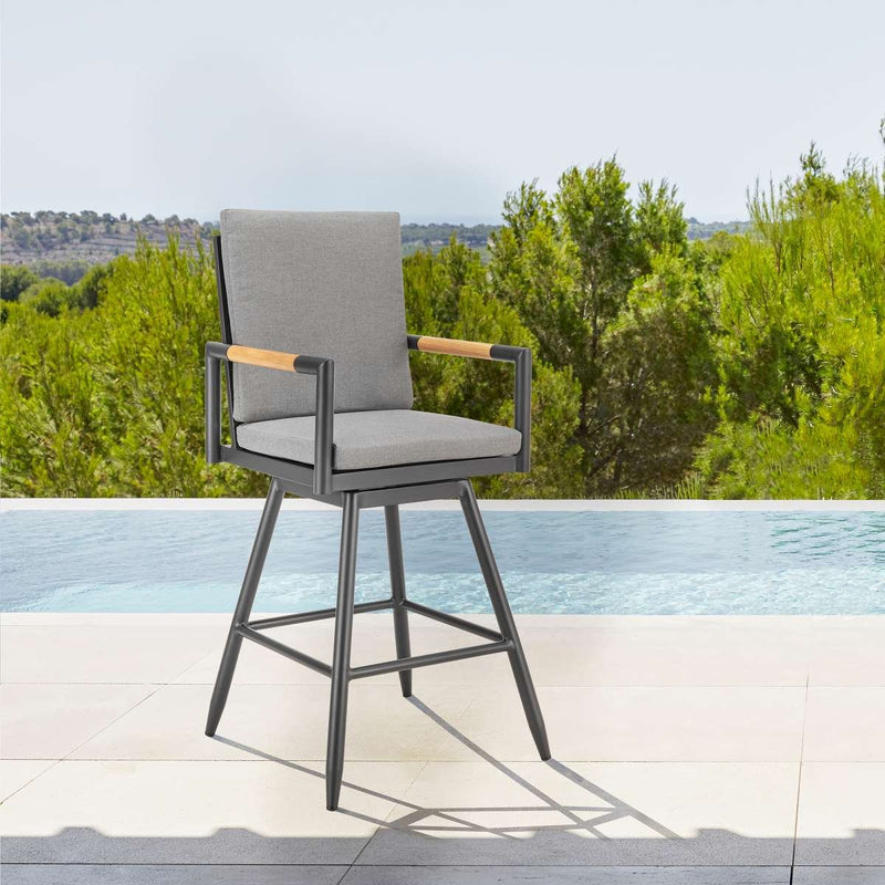 Crown Outdoor Patio Swivel Counter Stool in Aluminum with Tan Rope and Dark Gray Cushions By Armen Living | Bar Stools | Modishstore