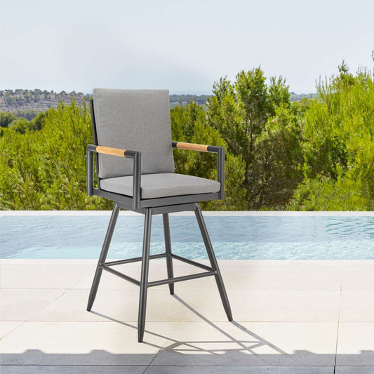 Crown Outdoor Patio Swivel Bar Stool in Aluminum with Tan Rope and Dark Gray Cushions By Armen Living | Bar Stools | Modishstore