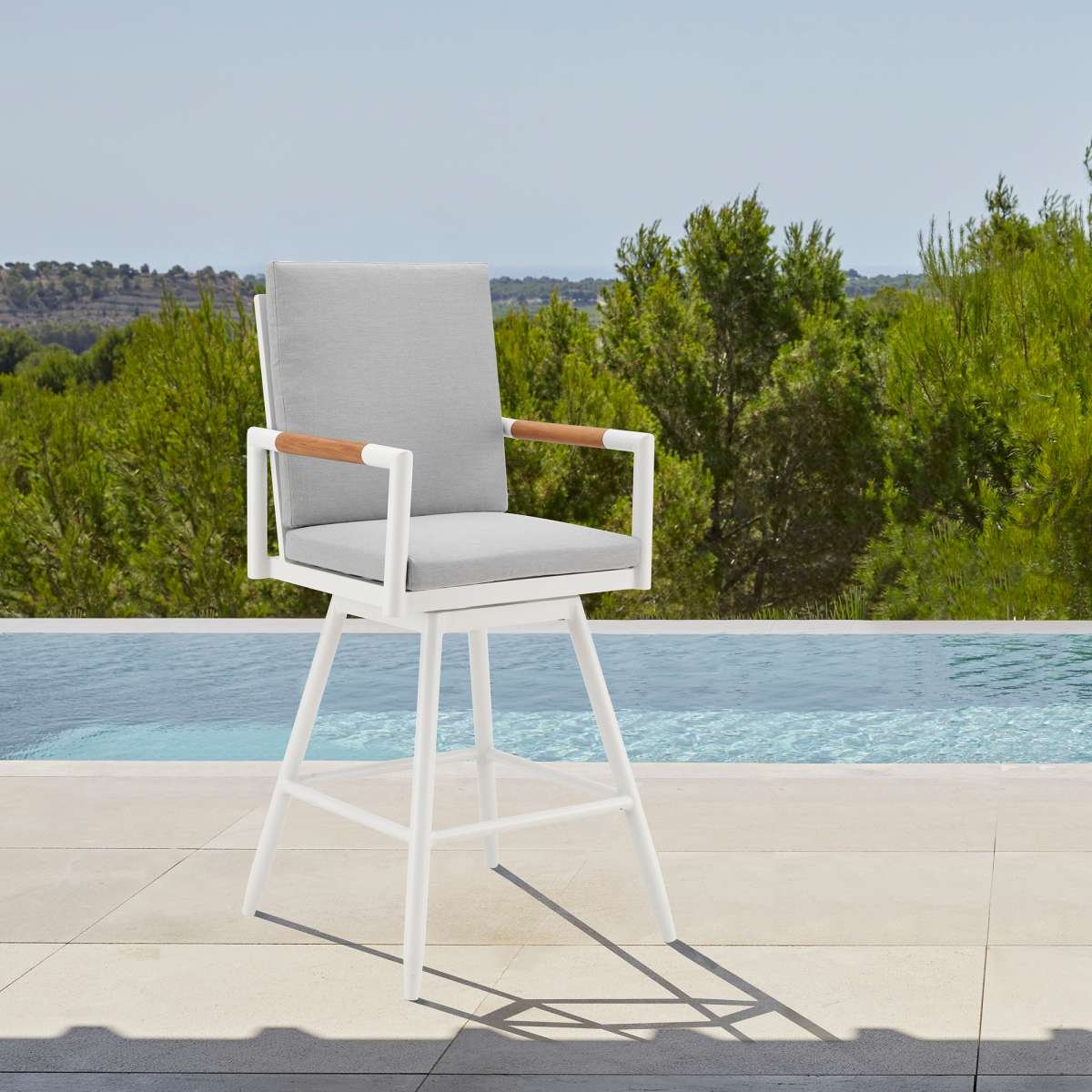 Crown Outdoor Patio Swivel Bar Stool in Aluminum with Brown Rope and Light Gray Cushions By Armen Living | Bar Stools | Modishstore