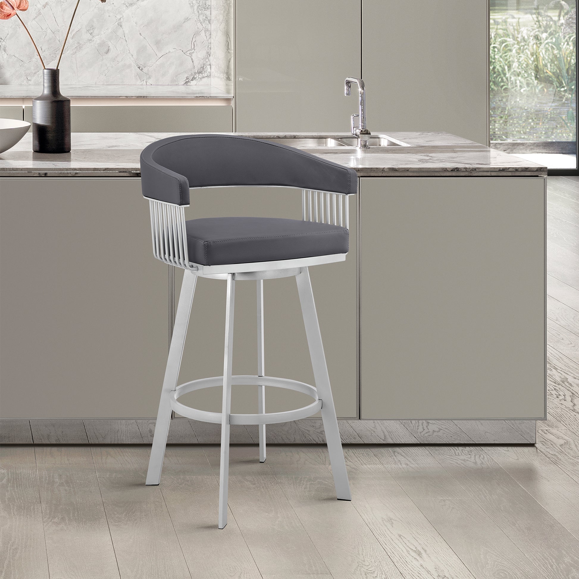 Chelsea 25" Slate Grey Faux Leather and Silver Metal Bar Stool By Armen Living | Bar Stools | Modishstore