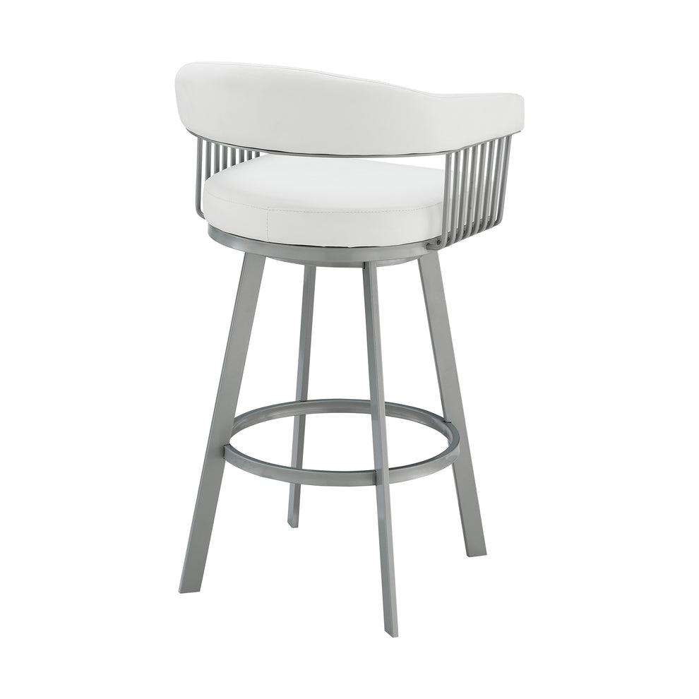 Chelsea 26" Counter Height Swivel Bar Stool in Silver Finish and White Faux Leather By Armen Living | Bar Stools | Modishstore - 5