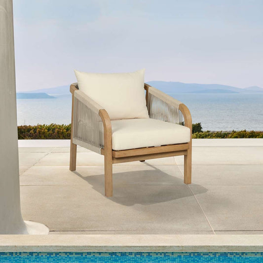 Cypress Outdoor Patio Chair in Blonde Eucalyptus Wood and Light Gray Rope with Ivory Olefin Cushions By Armen Living | Outdoor Chairs | Modishstore