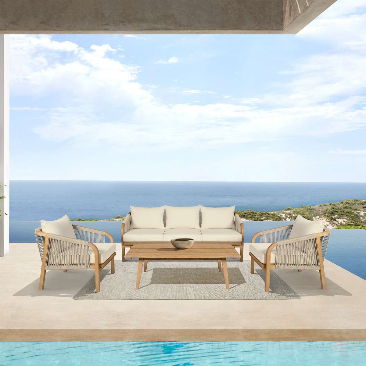 Cypress Outdoor Patio Chair in Blonde Eucalyptus Wood and Light Gray Rope with Ivory Olefin Cushions By Armen Living | Outdoor Chairs | Modishstore - 2