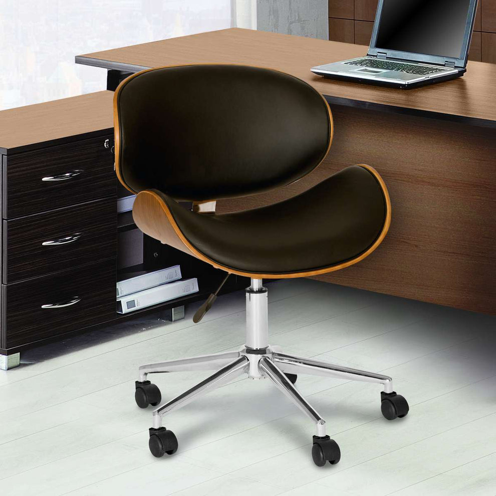 Daphne Modern Office Chair In Chrome Finish with Black Faux Leather And Walnut Veneer Back By Armen Living | Office Chairs |  Modishstore 