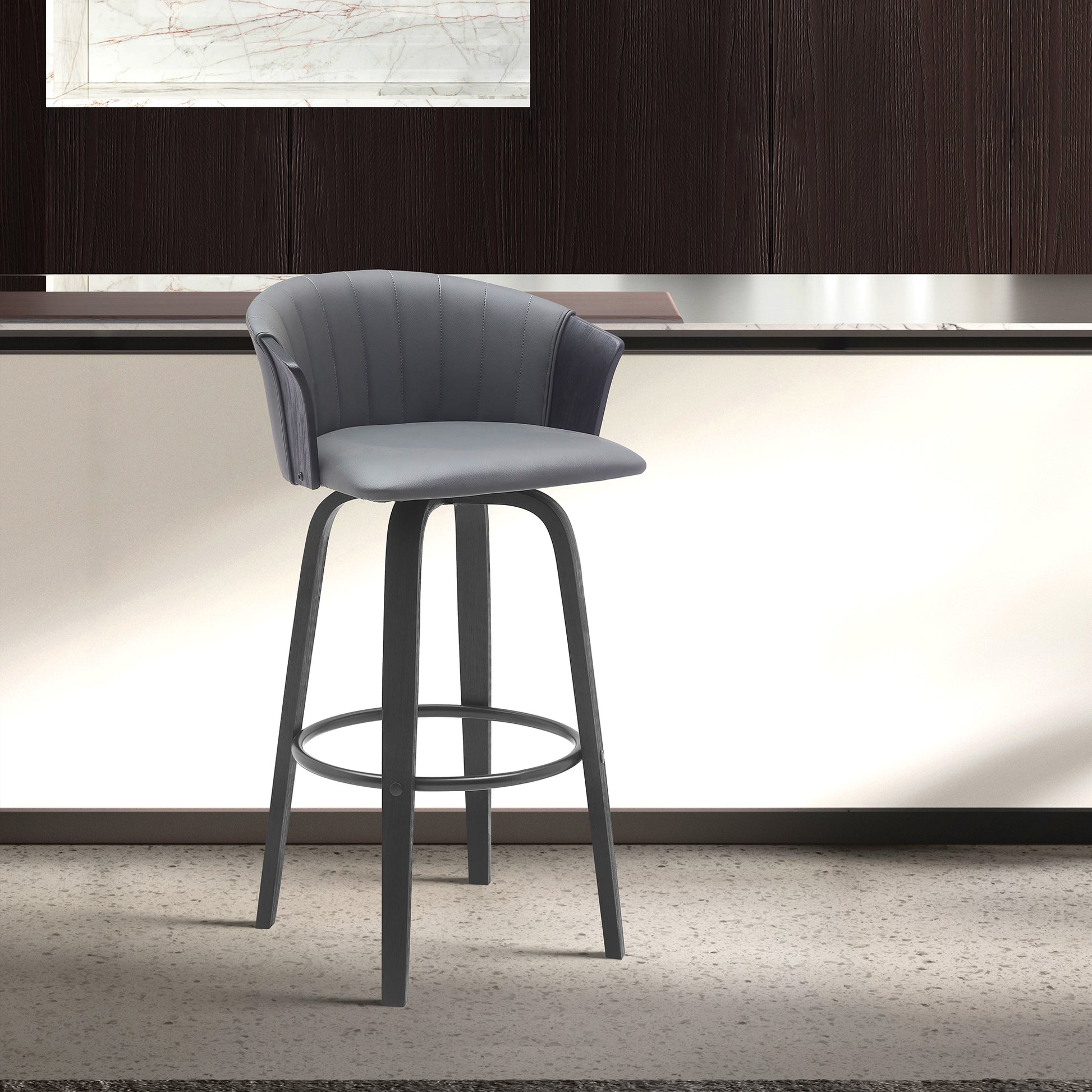Diana 30" Swivel Black Wood Bar Stool in Gray Faux Leather By Armen Living | Bar Stools | Modishstore