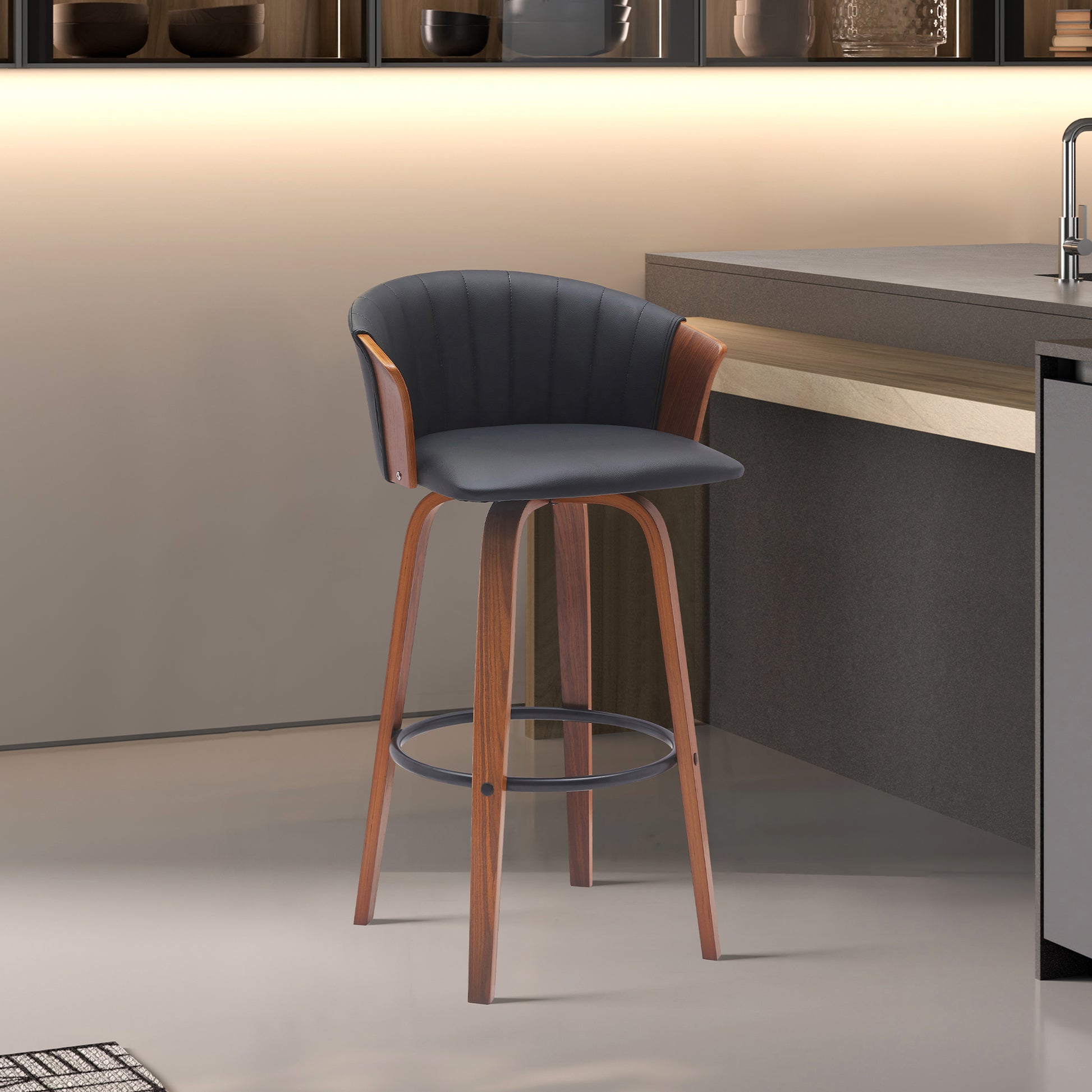 Diana 26" Swivel Walnut Wood Counter Stool in Black Faux Leather By Armen Living | Bar Stools | Modishstore