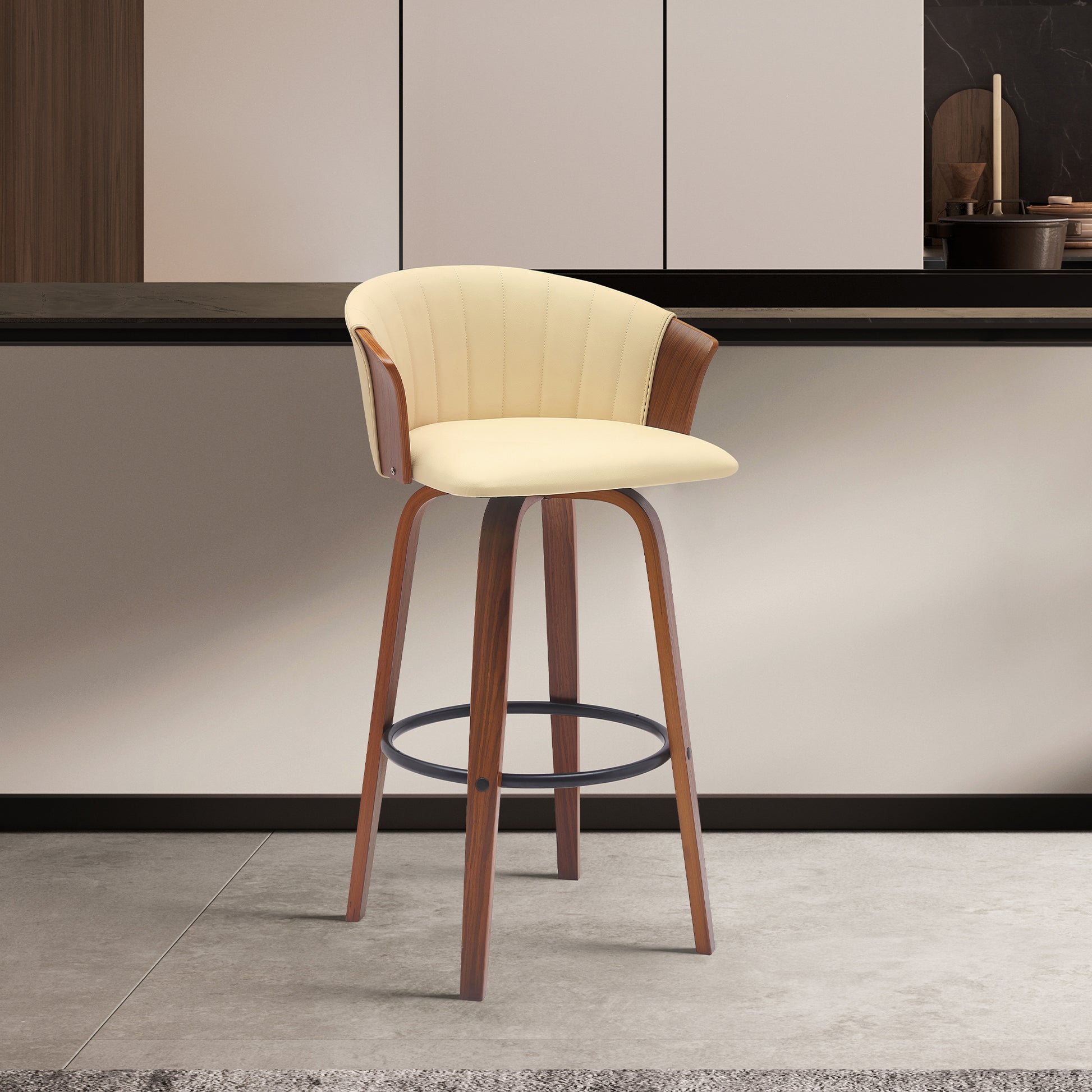 Diana 30" Swivel Walnut Wood Bar Stool in Cream Faux Leather By Armen Living | Bar Stools | Modishstore