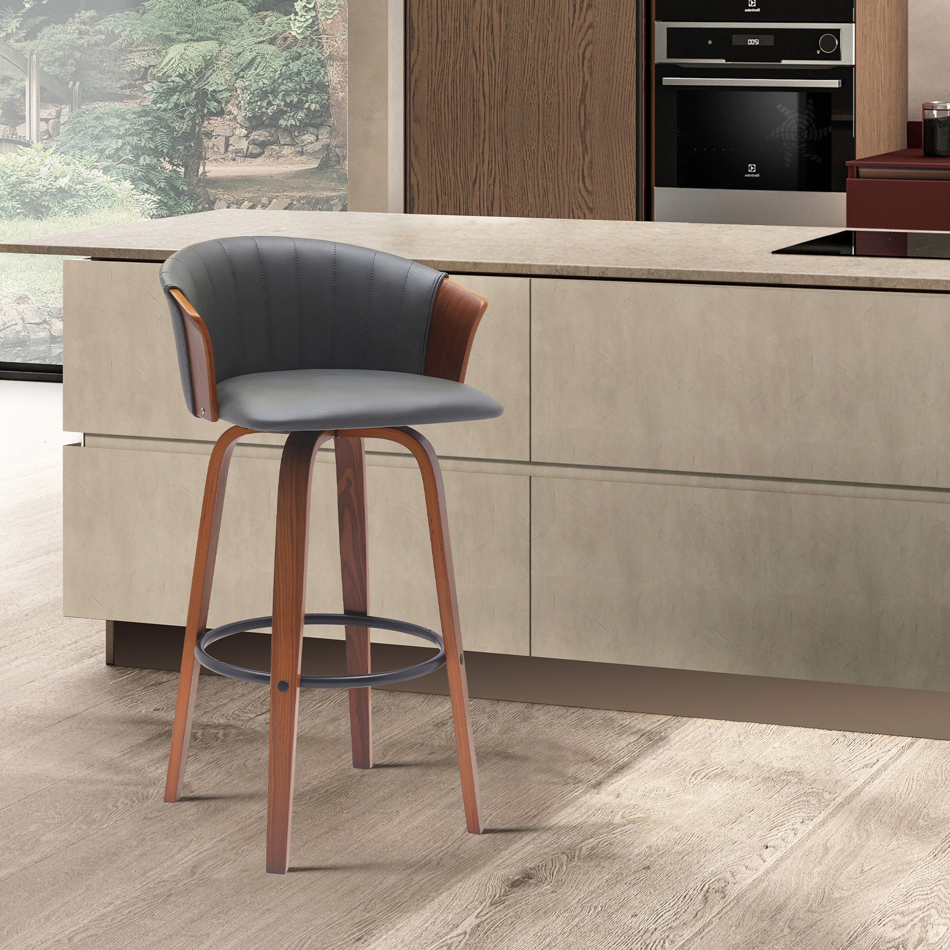 Diana 26" Swivel Walnut Wood Counter Stool in Gray Faux Leather By Armen Living | Bar Stools | Modishstore
