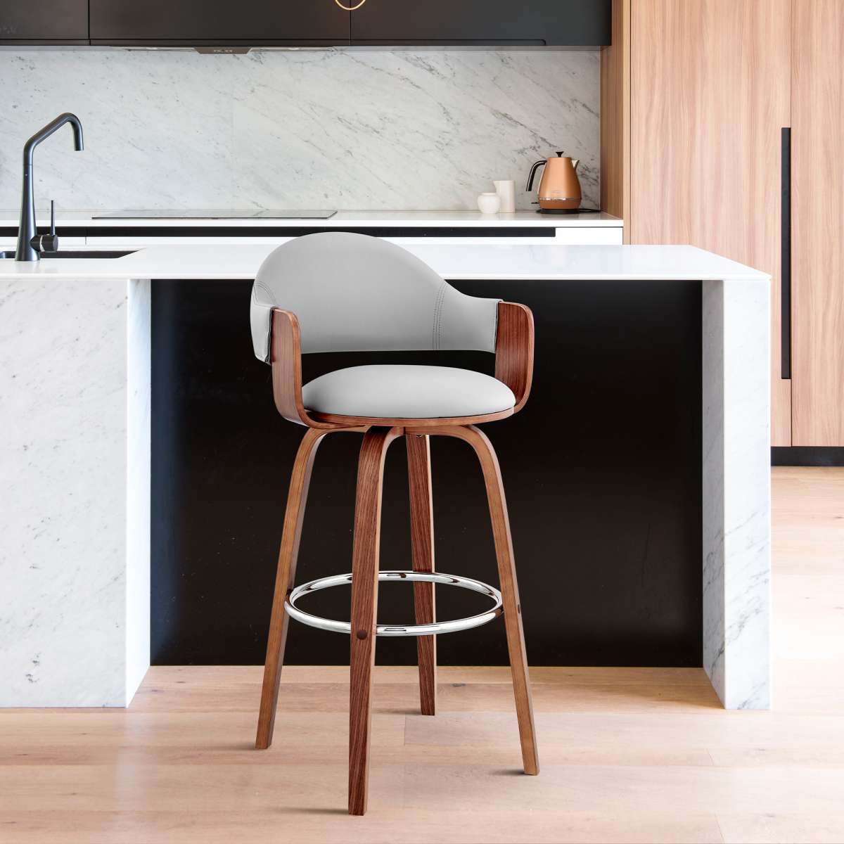 Daxton 30" Gray Faux Leather and Walnut Wood Bar Stool By Armen Living | Bar Stools | Modishstore