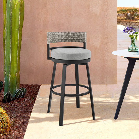 Encinitas Outdoor Patio Counter Height Swivel Bar Stool in Aluminum and Wicker with Grey Cushions By Armen Living | Bar Stools | Modishstore