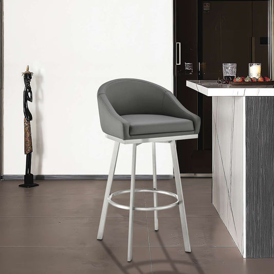 Eleanor 30" Swivel Bar Stool in Brushed Stainless Steel with Gray Faux Leather By Armen Living | Bar Stools | Modishstore