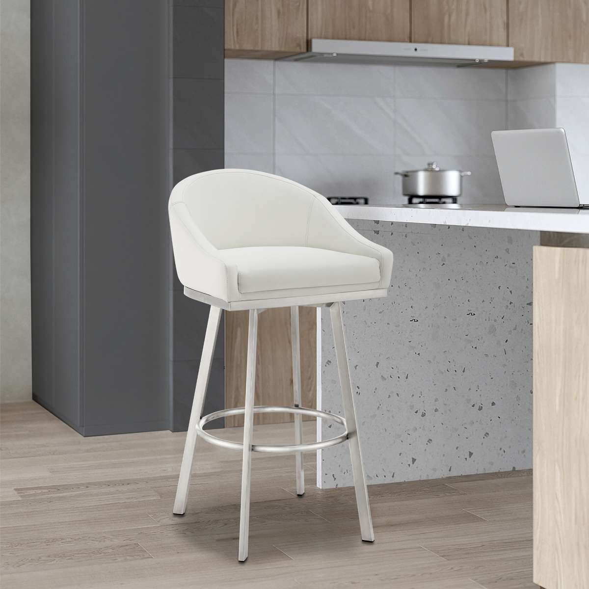 Eleanor 30" Swivel Bar Stool in Brushed Stainless Steel with White Faux Leather By Armen Living | Bar Stools | Modishstore