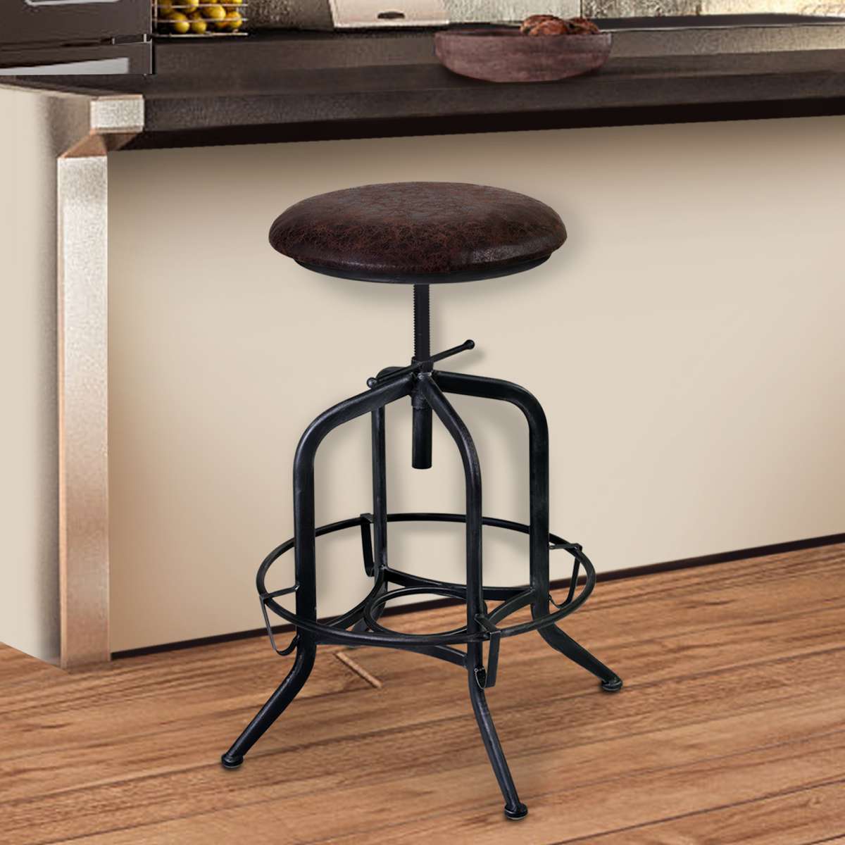 Elena Adjustable Barstool in Industrial Gray Finish with Brown Fabric Seat By Armen Living | Bar Stools | Modishstore
