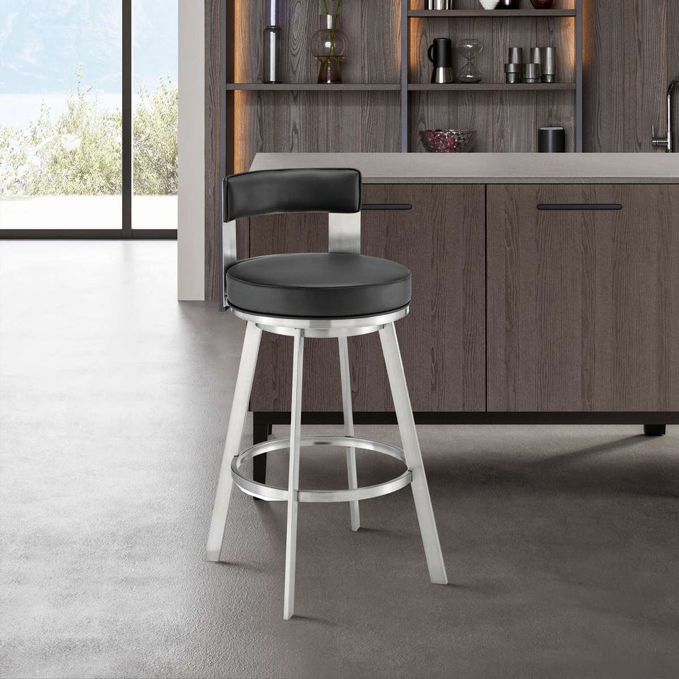 Flynn 26" Swivel Counter Stool in Brushed Stainless Steel with Black Faux Leather By Armen Living | Bar Stools | Modishstore